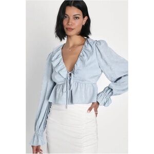 NWT LULUS Charming Style Light Blue Floral Satin Ruffle Long Sleeve Top Size L